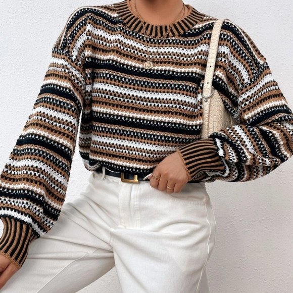 casual striped lantern sleeve sweater top - Picture 1 of 7